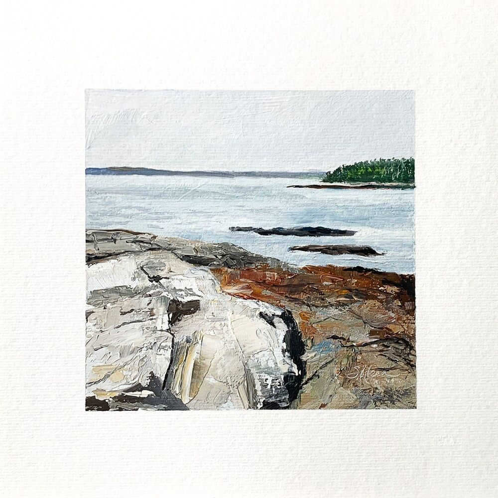 8x8 Maine Original Oil Painting Atlantic Ocean Rocks New England Coastal Signed